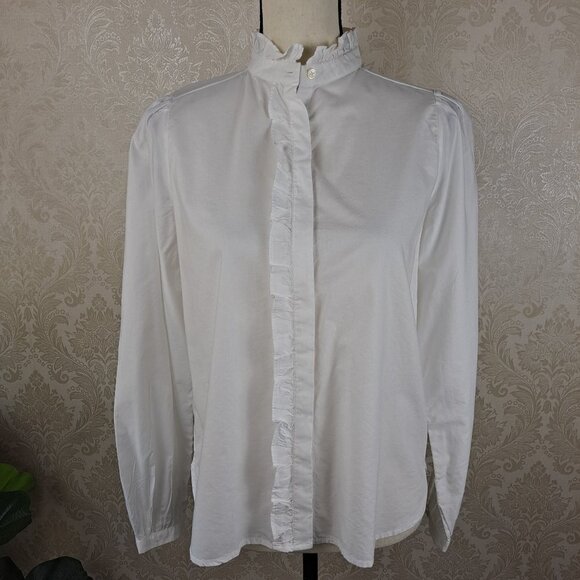 Loft Sz XS White Button Down Shirt Ruffle Detail Long Sleeve Hidden Placket NWT - Picture 1 of 16